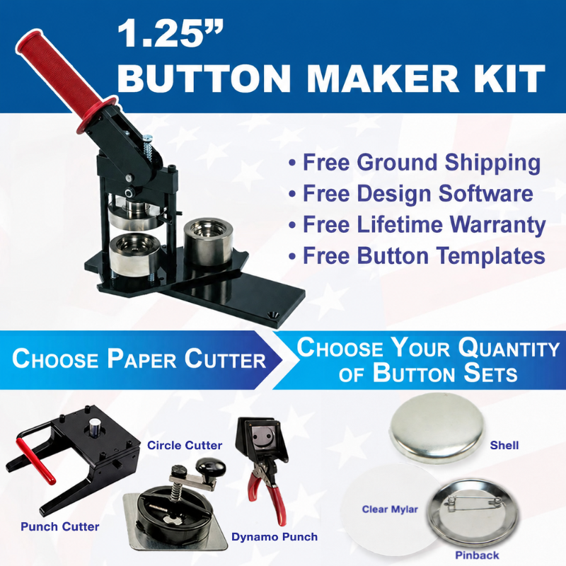 American Button Machines 1.25 inch button maker kit with press machine, choice of paper cutter, and button supplies