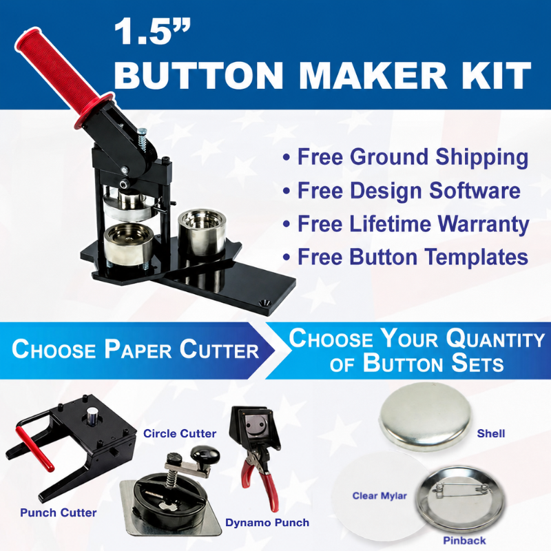 American Button Machines 1.5 inch button maker kit with press machine, choice of paper cutter, and button supplies
