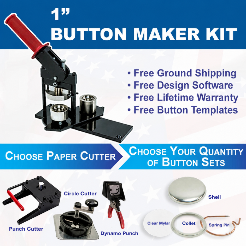American Button Machines 1 inch button maker kit with press machine, choice of paper cutter, and pinback button supplies