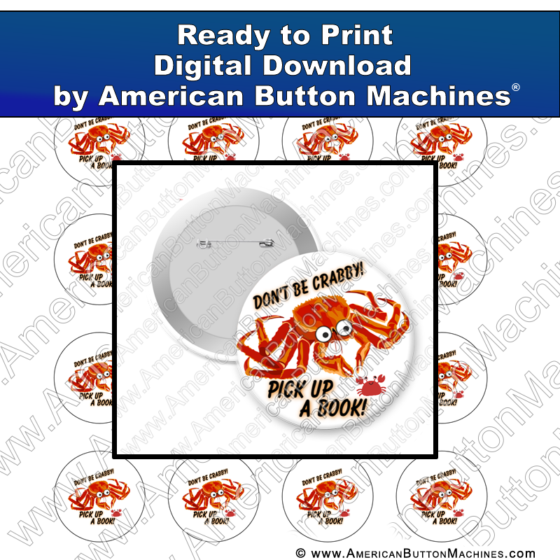 Digital Download, For Buttons, Digital Download for Buttons, crab, crabby, books, reading, learning, school, library